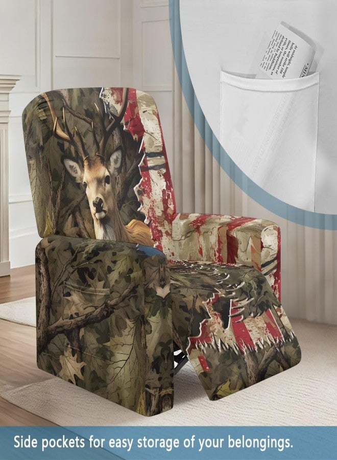 Talayituse Deer Camo American Flag Pattern Recliner Chair Cover Nonslip Recliner Cover Washable Recliner Slipcovers Fitted Standard Large Power Lift Recliner with Side Pocket - Image 3